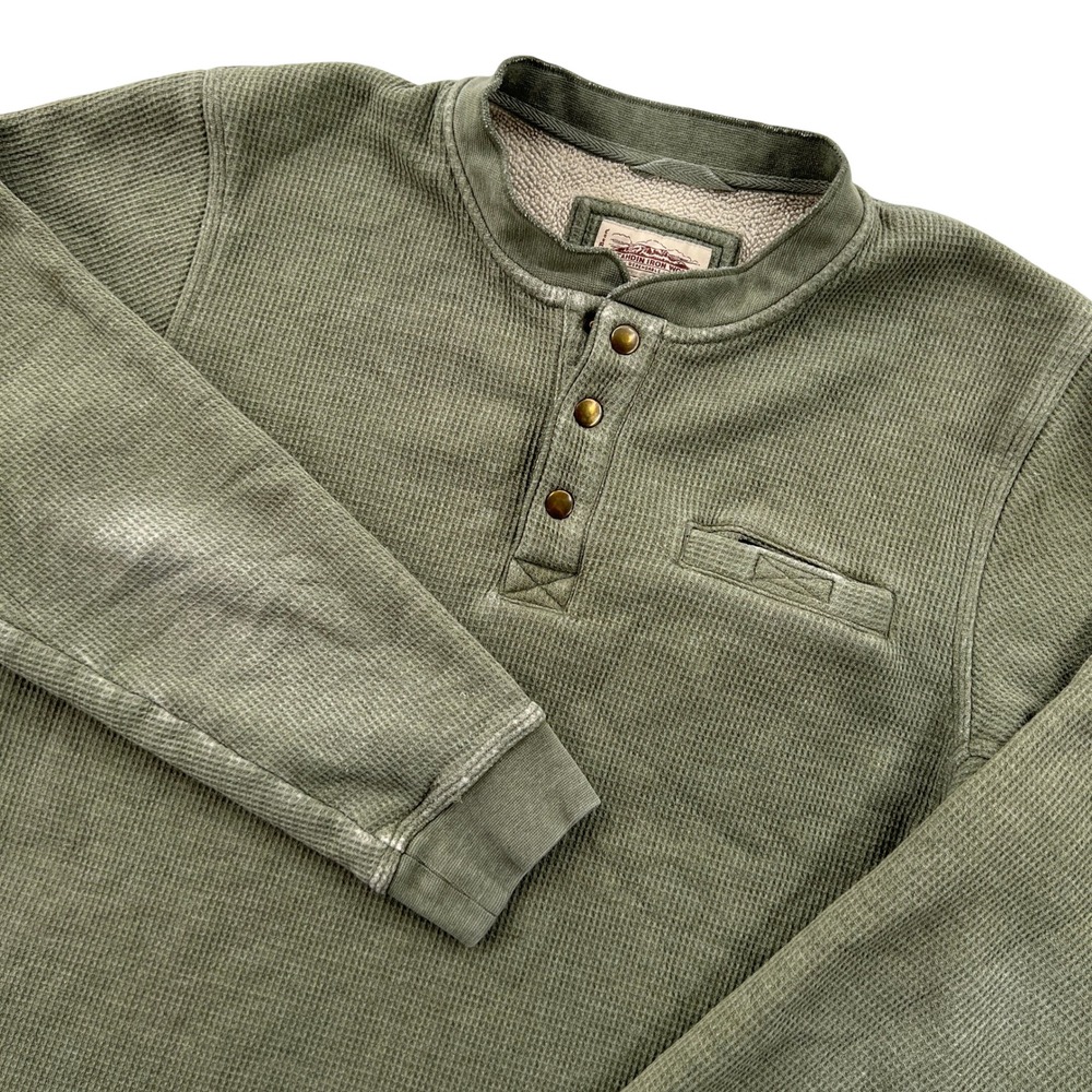 LL Bean Katahdin Iron Works Henley Mens M Green Waffle Knit Fleece Pullover